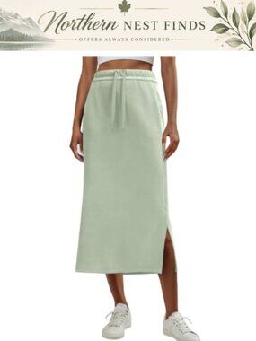 High Waisted Sweat Maxi Skirt with Pockets Slit Drawstring Elastic Waist